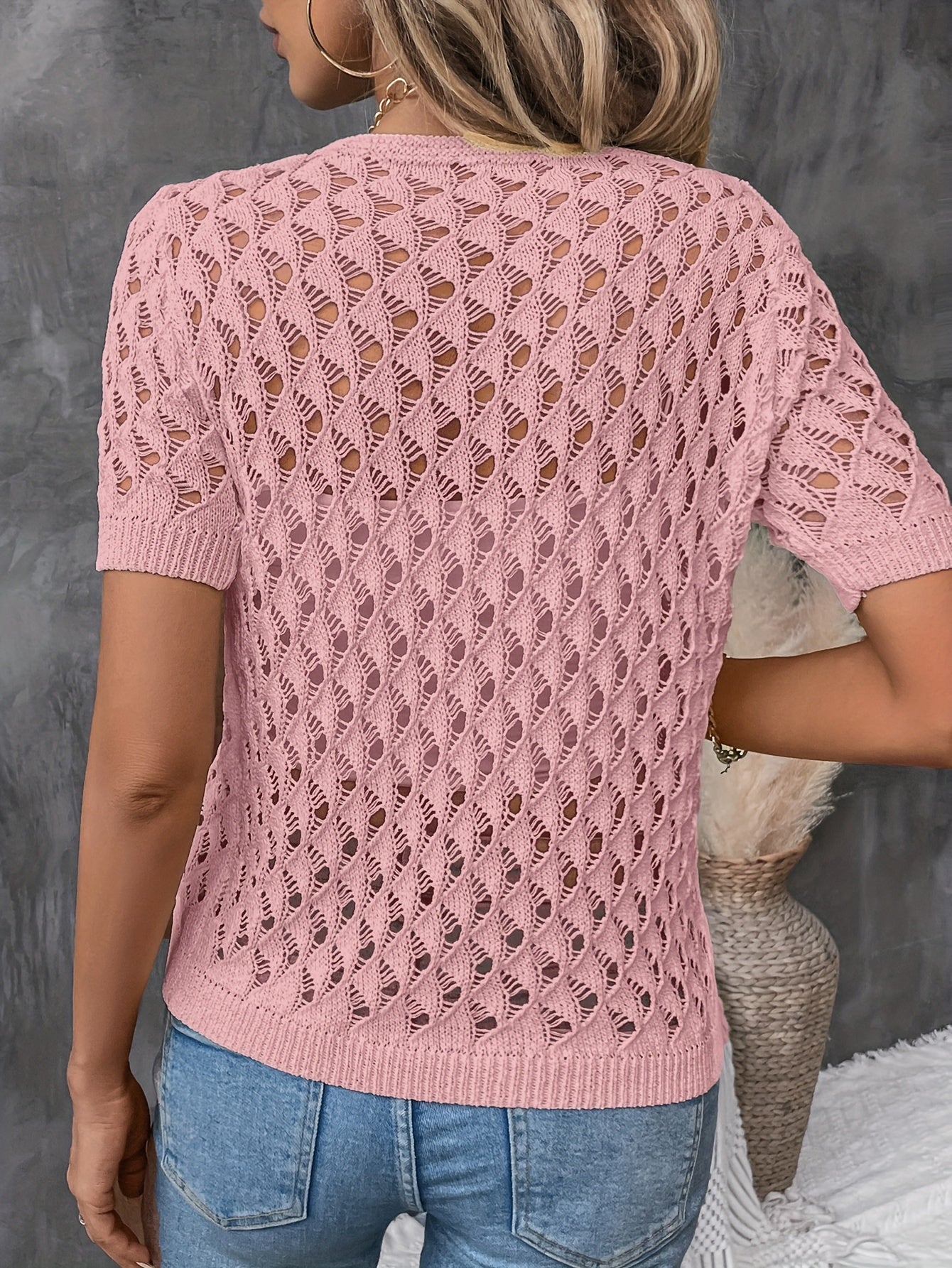 Angelique - Eleganter V-Ausschnitt Kurzarmpullover Aus Spitze