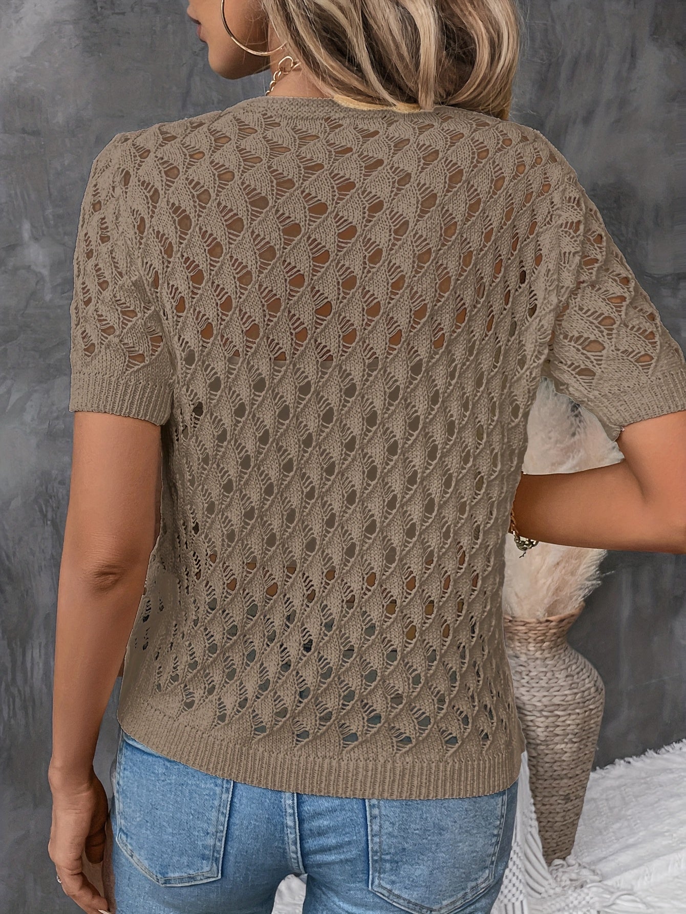 Angelique - Eleganter V-Ausschnitt Kurzarmpullover Aus Spitze