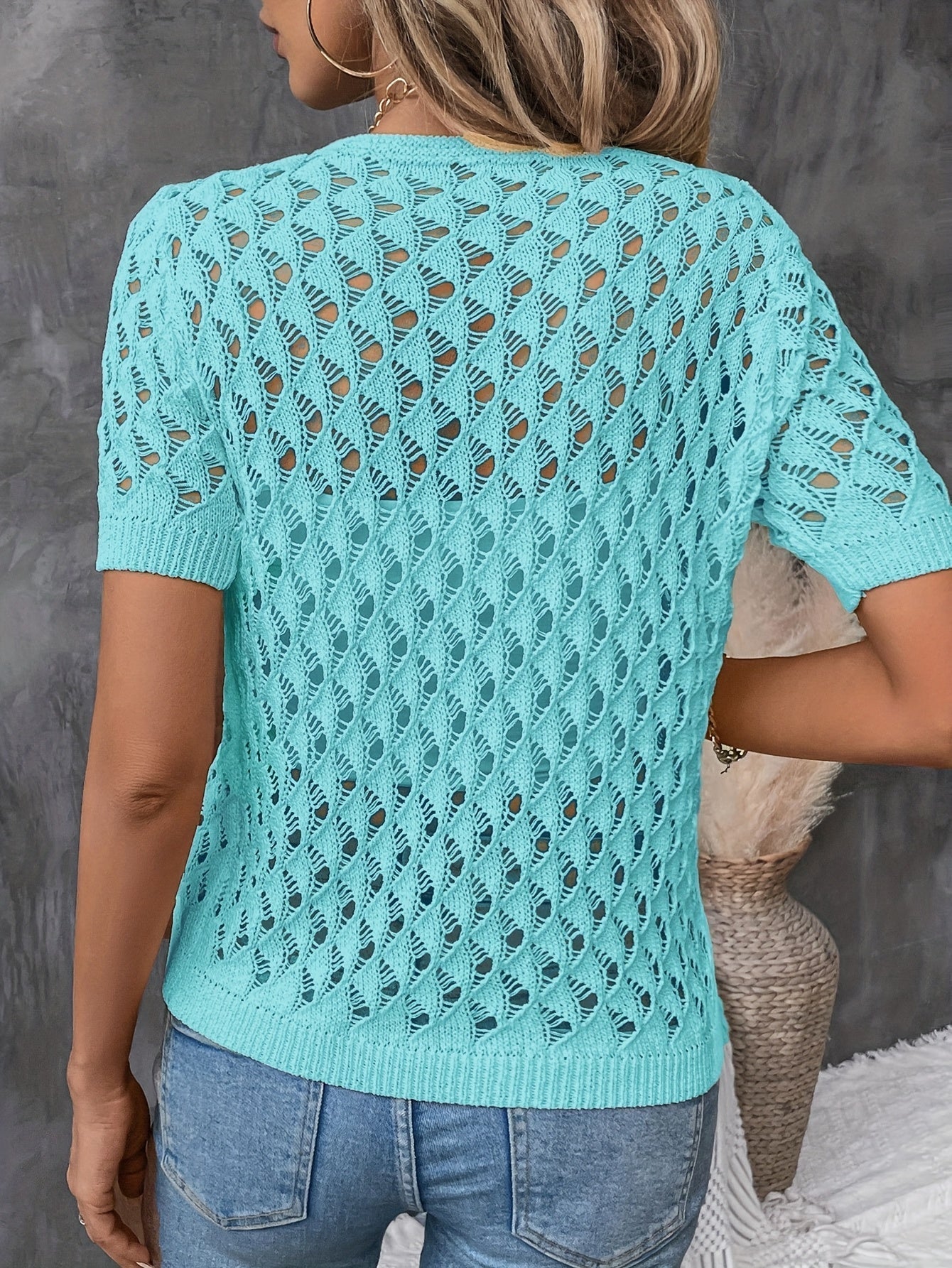 Angelique - Eleganter V-Ausschnitt Kurzarmpullover Aus Spitze